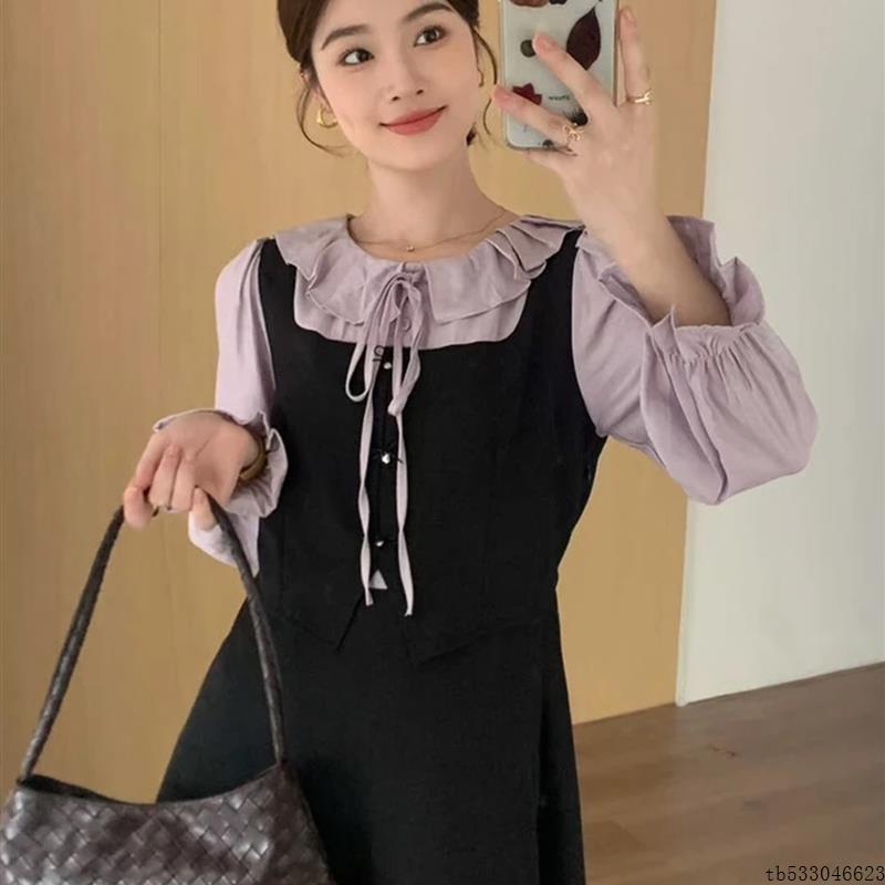 韩系氛围感穿搭巨好看的早秋连衣裙子女2025新款假两件衬衫裙长裙