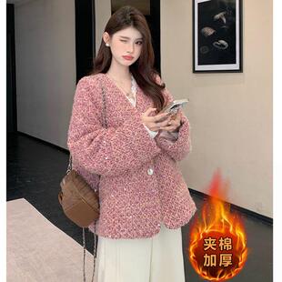 粉色小香风夹棉加厚外套女2025新款冬大码胖mm显瘦正肩巨好看棉服