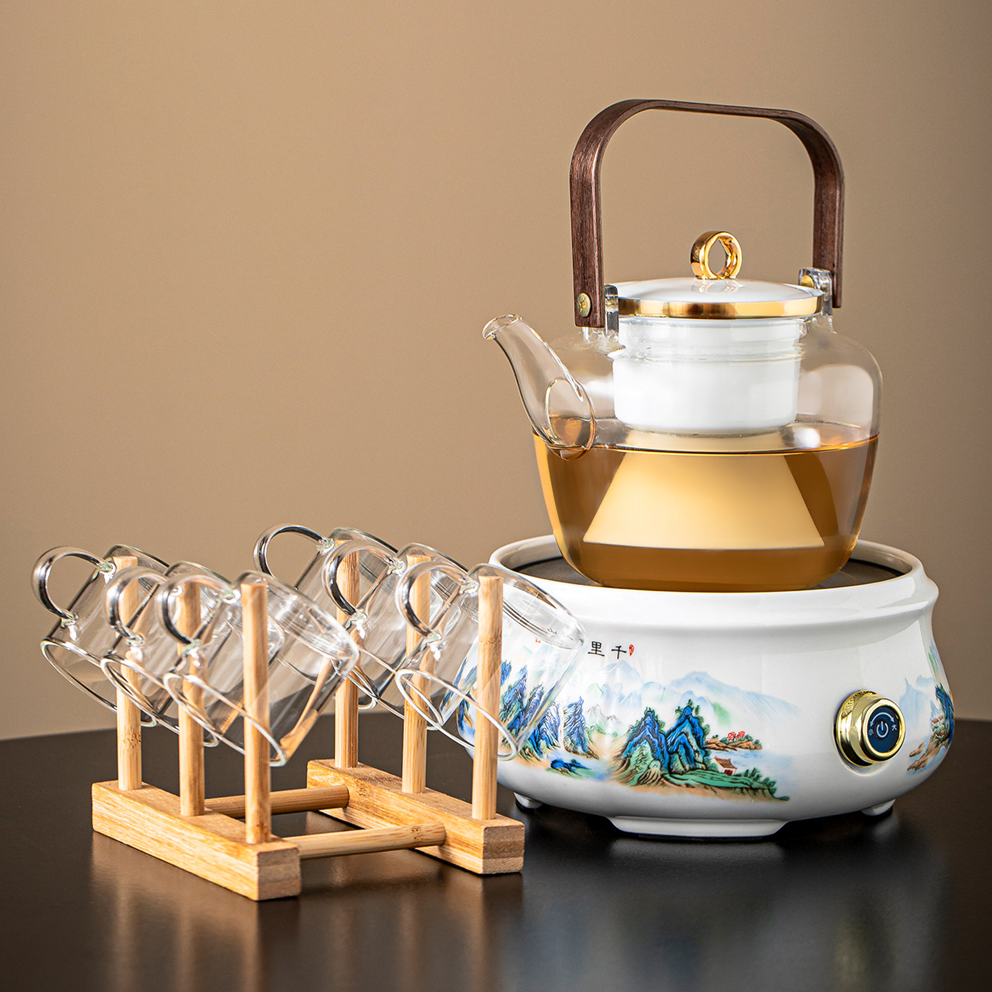 千里江山陶瓷玻璃煮茶炉电加热电陶炉茶壶礼盒套装茶具收纳架杯子,餐饮具,煮茶炉,淘宝优惠券,粉丝福利购,淘宝优惠卷