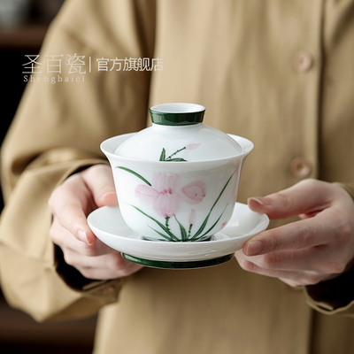 粉彩手绘釉下粉盖碗三才茶杯