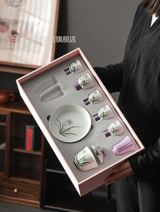 紫罗兰手绘功夫茶具，家庭客厅高档茶壶全套办公室接待礼盒