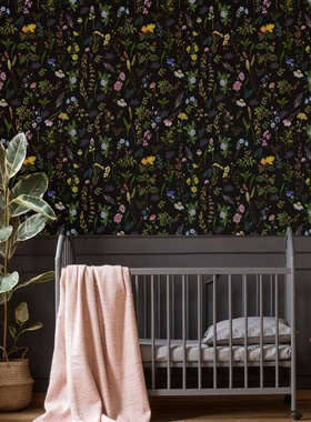 ATW2029黑色背景彩色花卉壁纸家居客厅装饰墙贴可拼贴自粘墙纸