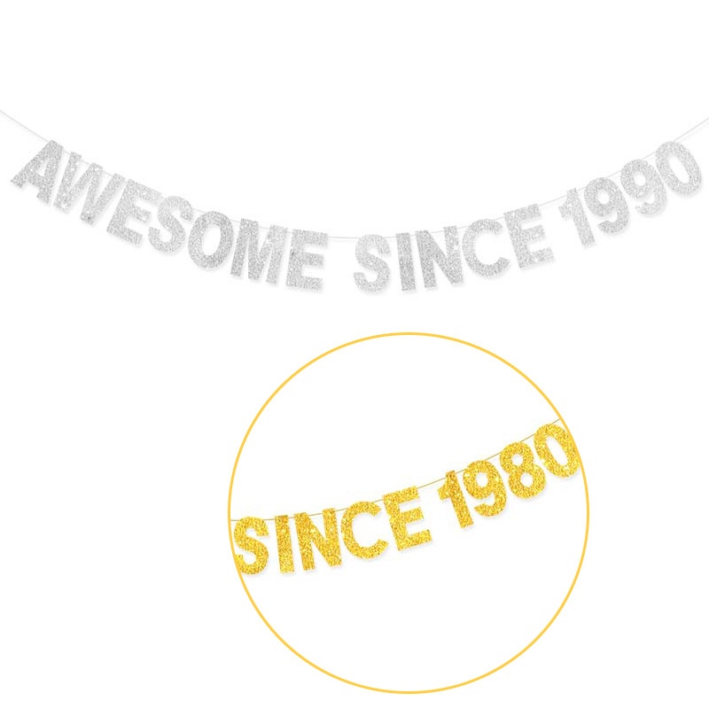 AWESOME SINCE 1980/90金色银色闪粉拉花装饰旗横幅拉旗生日主题