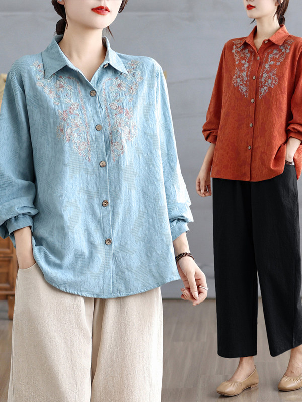 ชุดเสื้อเชิ้ตแขนยาวผ้าฝ้ายแท้สำหรับคุณแม่วัยกลางคนและผู้สูงอายุ รุ่นใหม่ฤดูใบไม้ร่วงปี 2026 ชุดสองชิ้นสไตล์จีนย้อนยุคและตะวันตก