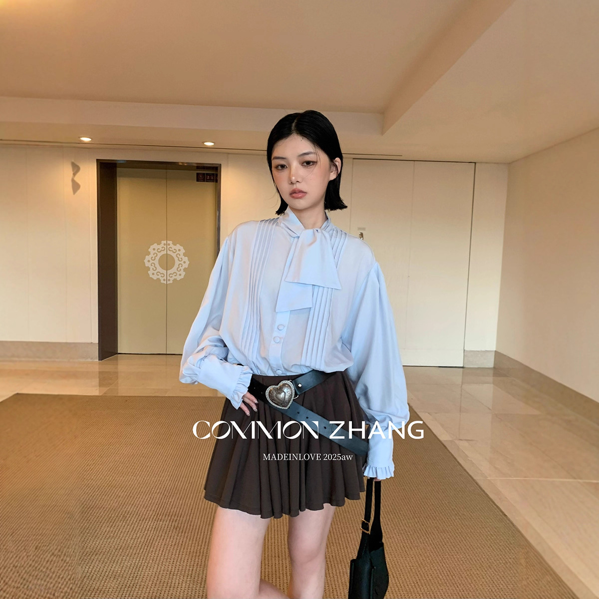 CZ ZHANG秋季法式气质文艺纯色花边拼接条纹围巾领天丝衬衫