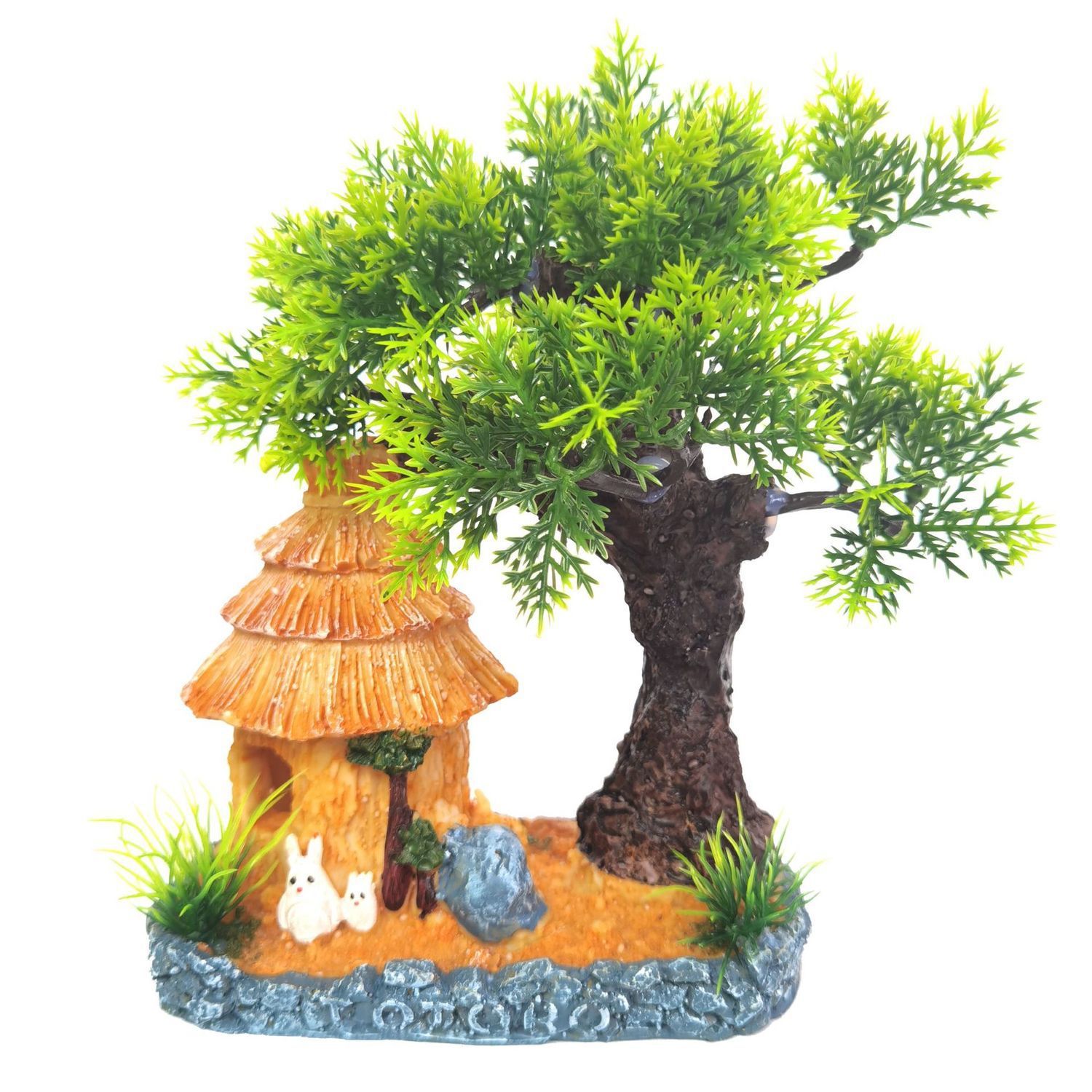 鱼缸仿真树屋房子带草水族箱造景装饰摆件树脂假山鱼虾躲避屋树洞