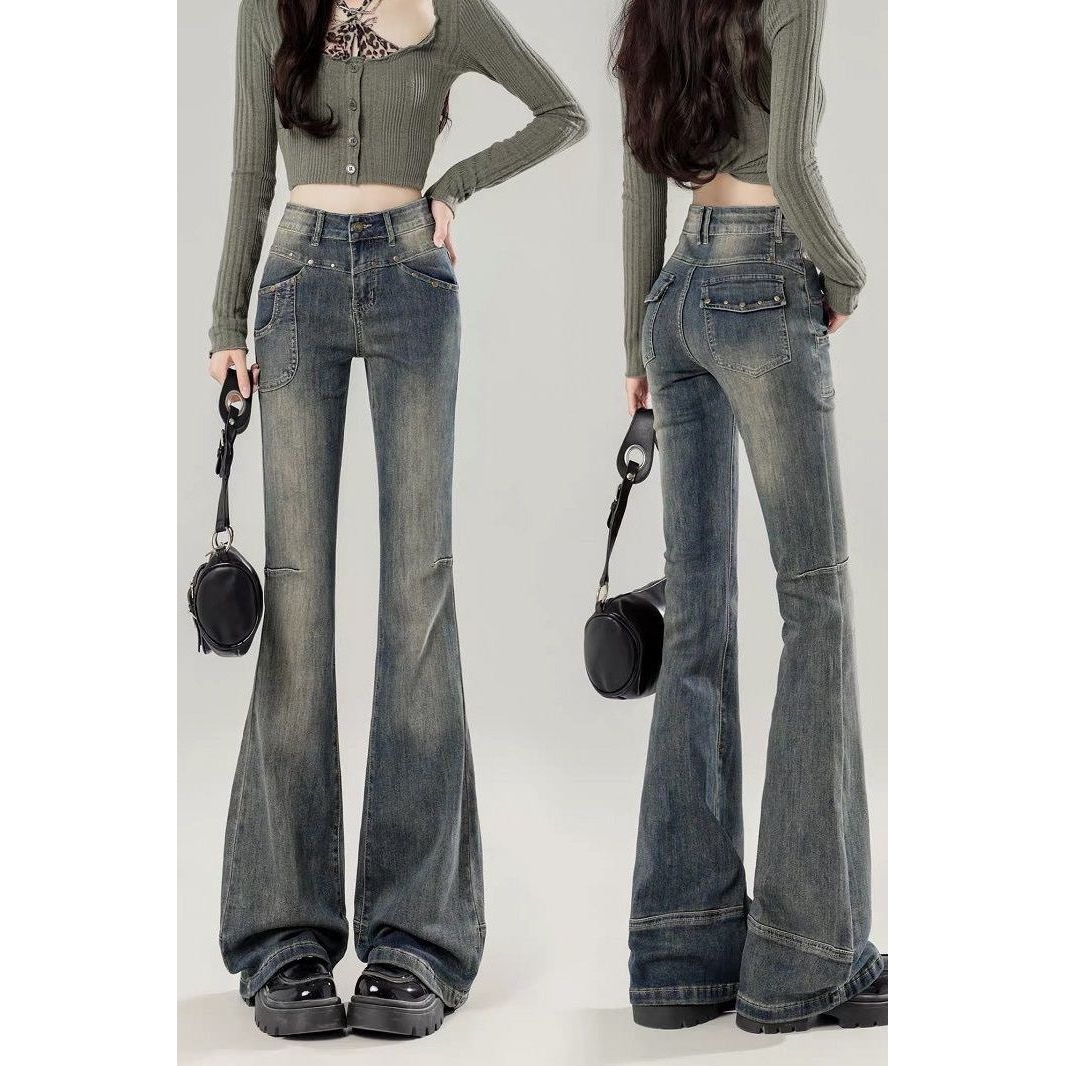 秋季新款美式复古微喇牛仔裤女高腰2025显百搭喇叭拖地马蹄遮肉