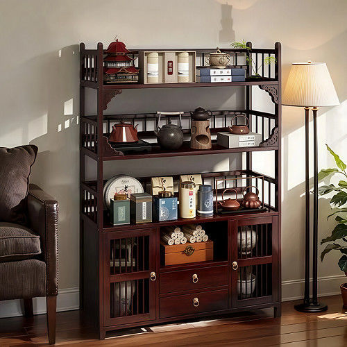 新中式博古架茶叶置物架实木茶叶茶具展示架家用多层多功能储物柜