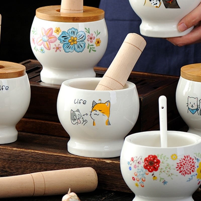 陶瓷老式蒜臼子带盖捣蒜凿蒜器家用擂椒钵辣椒擂钵传统蒜缸器蒜泥