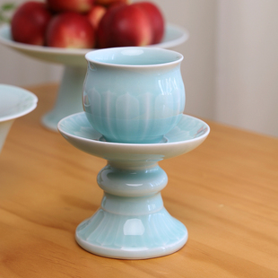 龙泉青瓷供奉小茶杯陶瓷供杯莲花带底座佛前净水杯佛具用品圣水杯