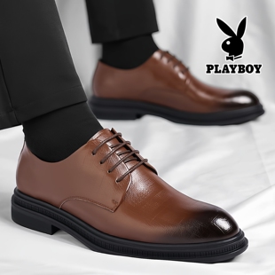 花花公子皮鞋男真皮棕色高级英伦风休闲韩版西装鞋增高新郎结婚子