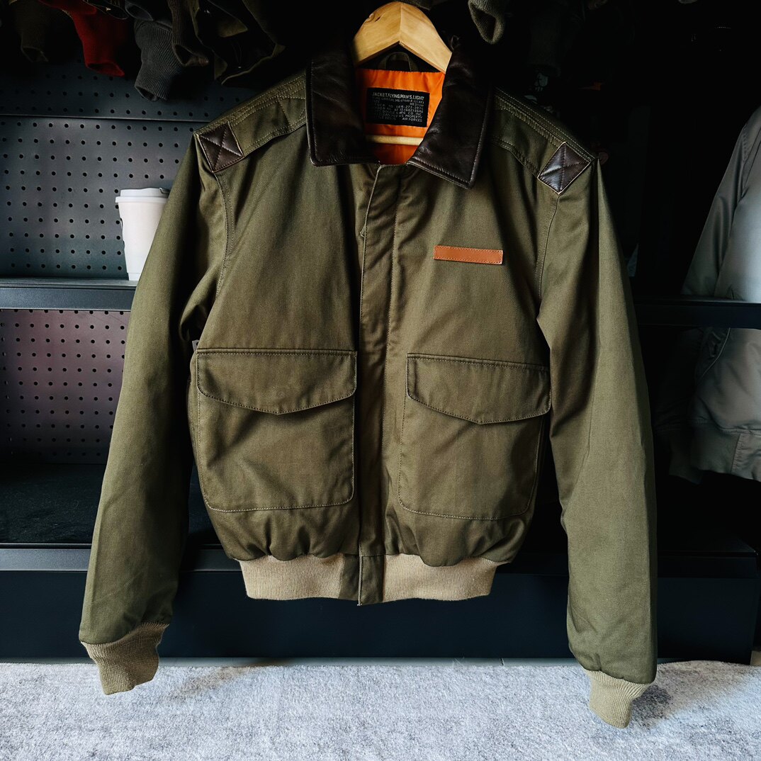 A2 飞行服夹克男士军事风棉服配皮肩膀五袋通勤 耐磨斜纹梭织面料