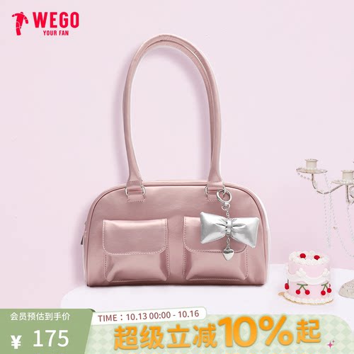 WEGO挂件波士顿包复古手提包多口袋手拎包女通勤单肩包小食量女包
