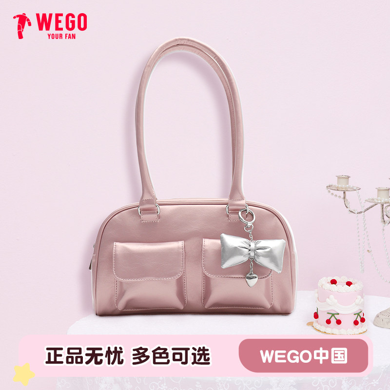 WEGO挂件波士顿包复古手提包多口袋手拎包女通勤单肩包小食量女包