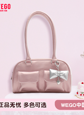 WEGO挂件波士顿包复古手提包多口袋手拎包女通勤单肩包小食量女包