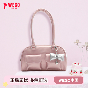 WEGO挂件波士顿包复古手提包多口袋手拎包女通勤单肩包小食量女包