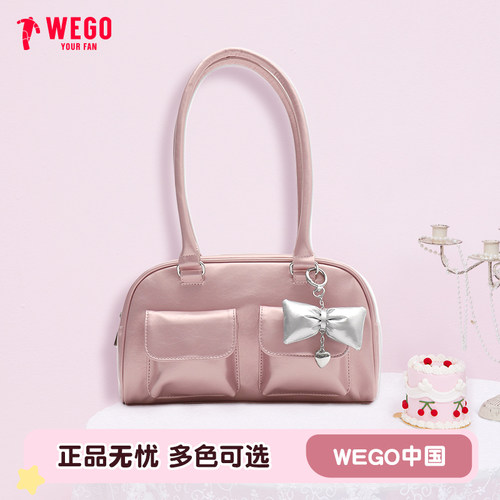 WEGO挂件波士顿包复古手提包多口袋手拎包女通勤单肩包小食量女包