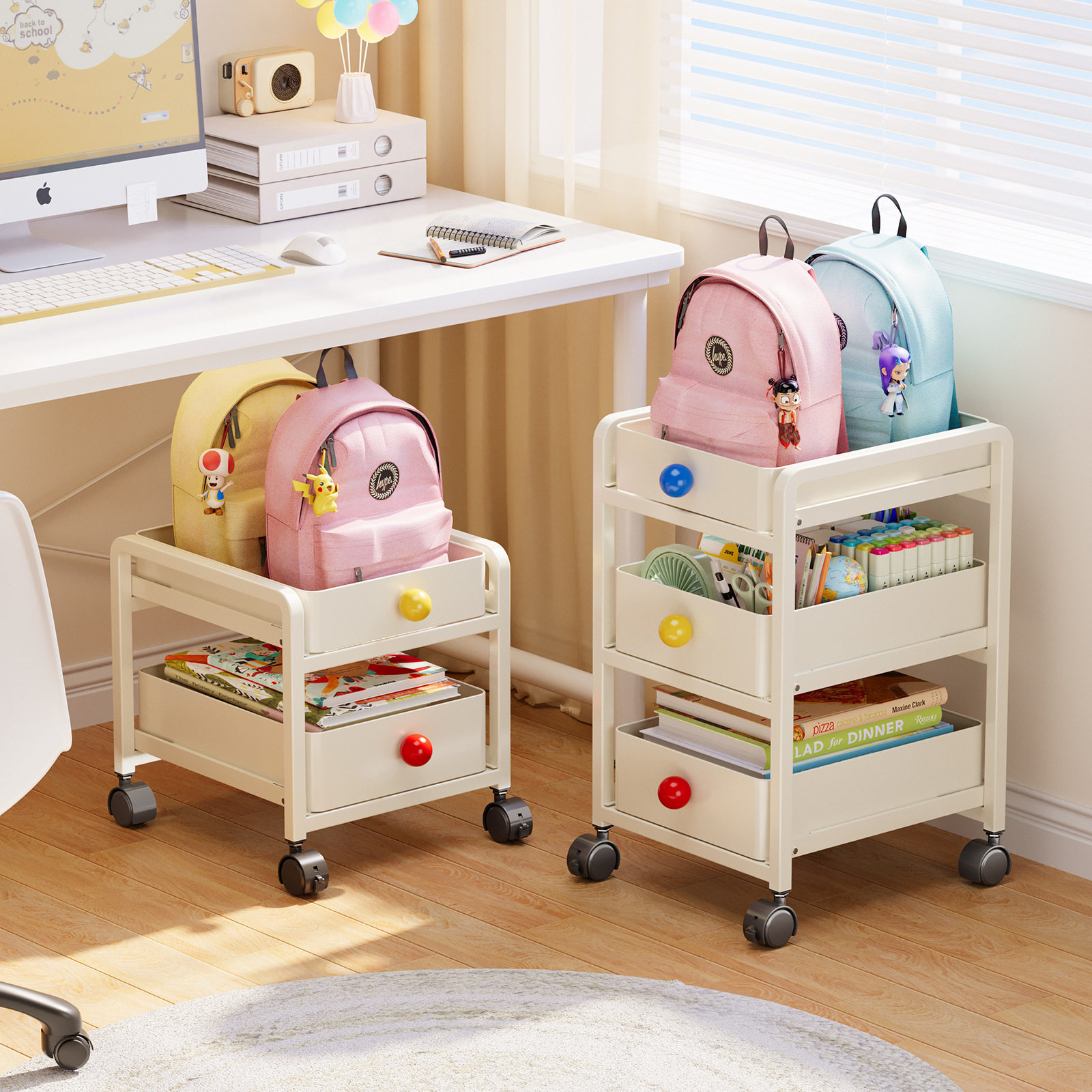 多巴胺书包置物架多层家用落地学生桌下玩具书本收纳可移动小推车,收纳整理,整理架/置物架/收纳架,淘宝优惠券,粉丝福利购,淘宝优惠卷