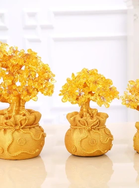 天然黄水晶发财树工艺品摆件