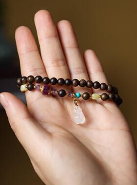 2026新中式绿棋楠沉香圆珠半山半水手串拼和田玉双圈层手链男女款