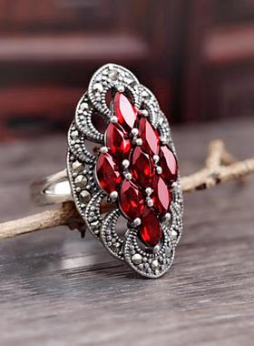 2025复古彰显典雅泰银黑石榴石锆石戒指银泰银石榴红钻红尘女人石