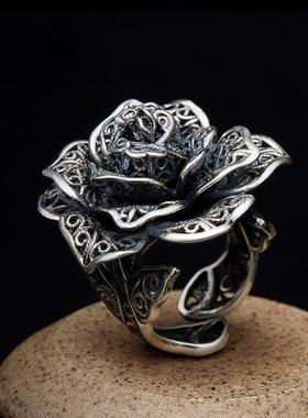 2025心音黑花夸张花朵戒指女复古做旧配饰食指指环礼物时尚百搭