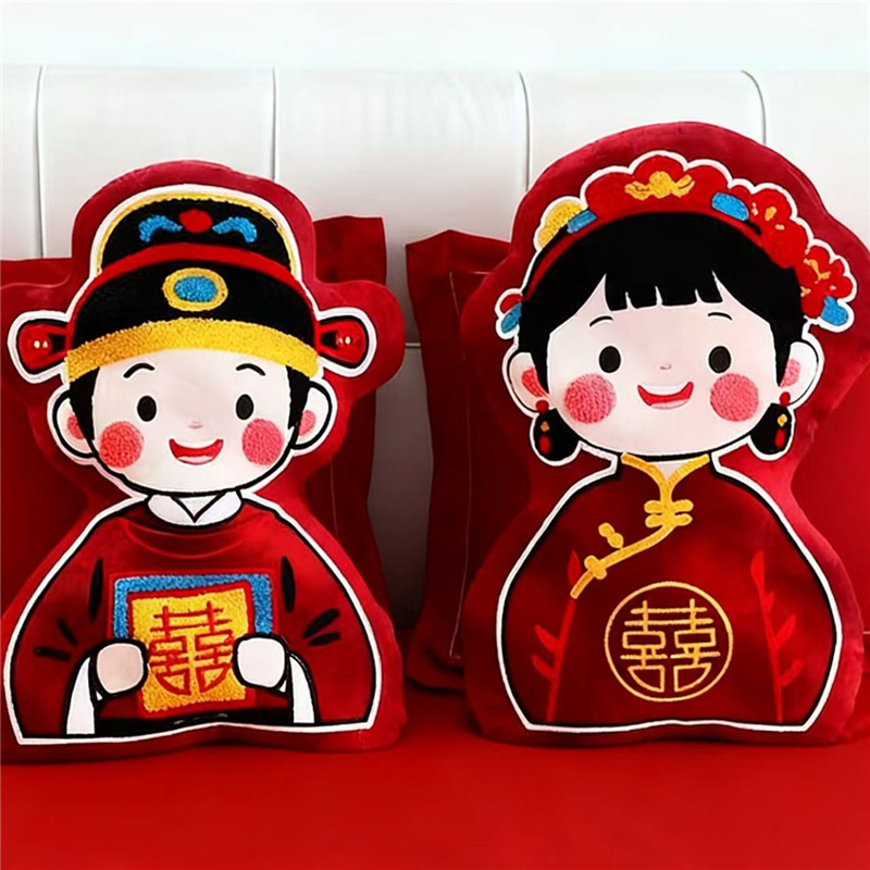压床娃娃一对结婚新款高档红色喜字抱枕新婚婚庆公仔喜娃金童玉女