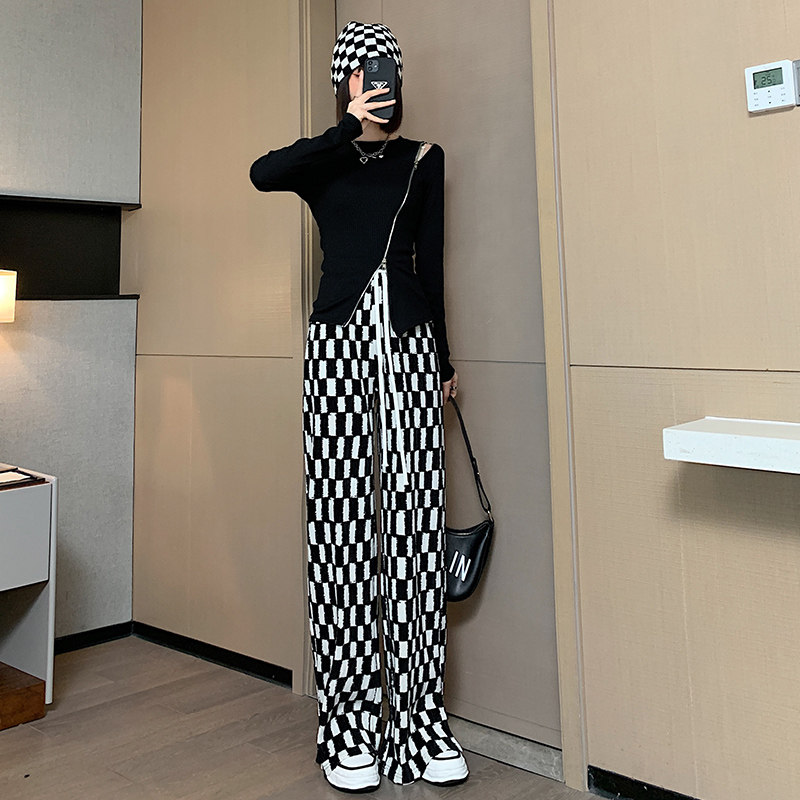 冰丝棋盘格阔腿裤女夏季2022新款高腰垂感小个子直筒百搭休闲裤子