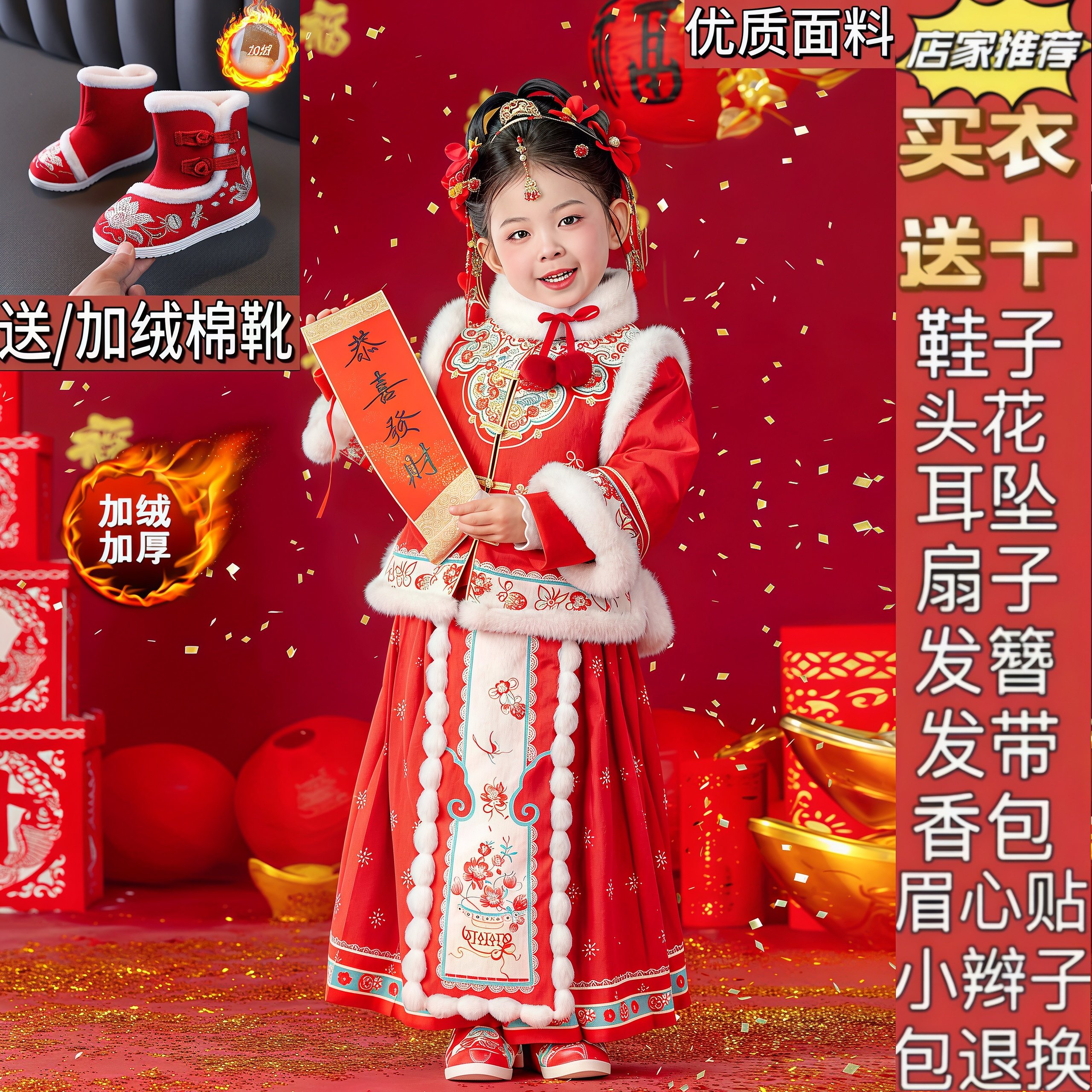 汉服女童冬装25年中国风红色喜庆明制套装女孩古装过年唐装拜年服,童装/婴儿装/亲子装,汉服,淘宝优惠券,粉丝福利购,淘宝优惠卷