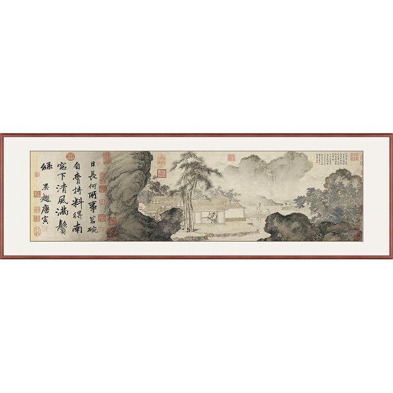 中式客厅复古山水挂画书房茶室仿古做旧名人字画实木框装裱国画