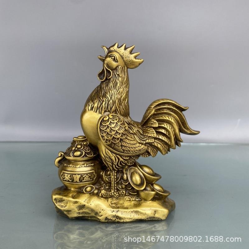 纯铜生肖鸡摆件风水黄铜元宝聚宝盆公鸡金鸡报晓古玩家居工艺品