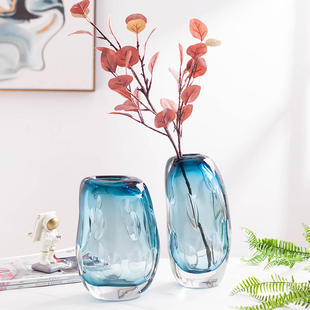 北欧现代蓝色玻璃花瓶透明琉璃花器摆件客厅插花水养家居装 饰品