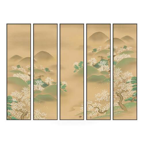 春意阑珊新中式别墅酒店竖版多联挂画五条屏山水禅意客厅装饰画
