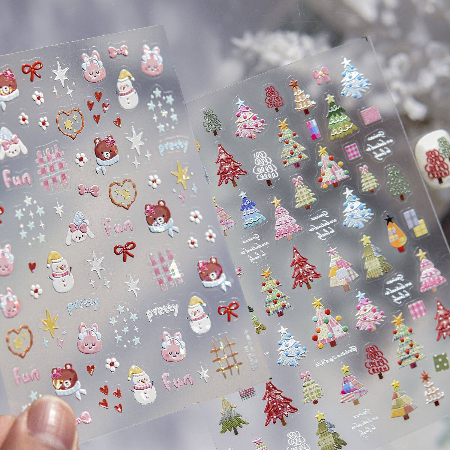可爱甜美布片彩色圣诞树美甲贴纸