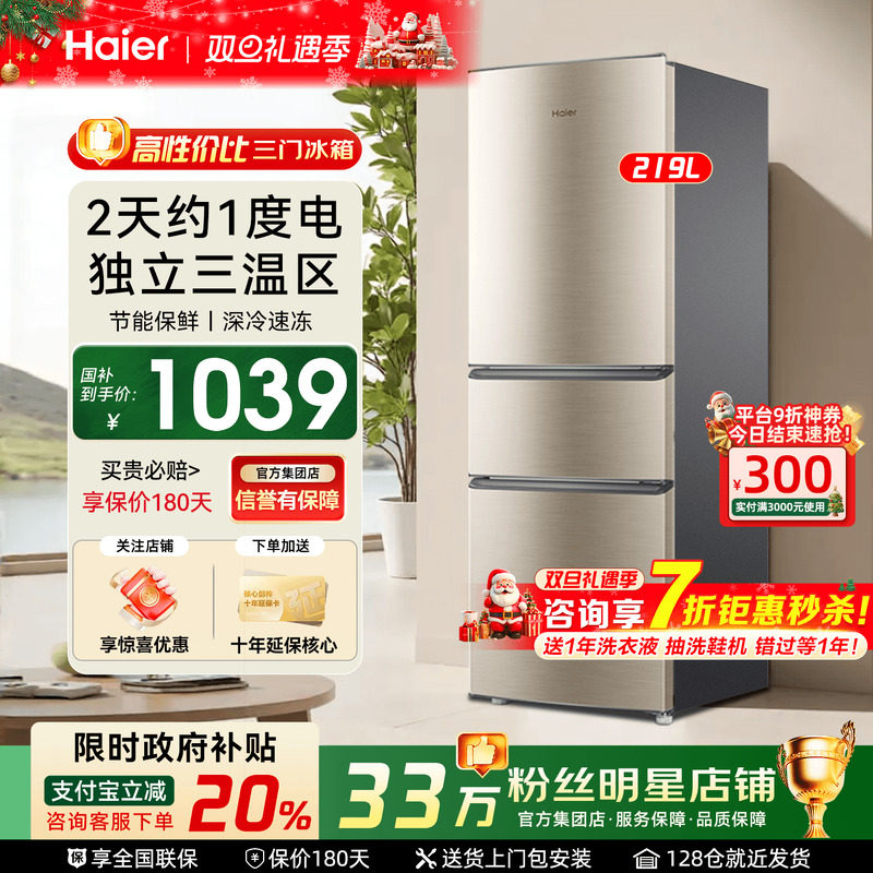 热销爆款海尔电冰箱家用219升无霜双门三门小型变频租房182旗舰