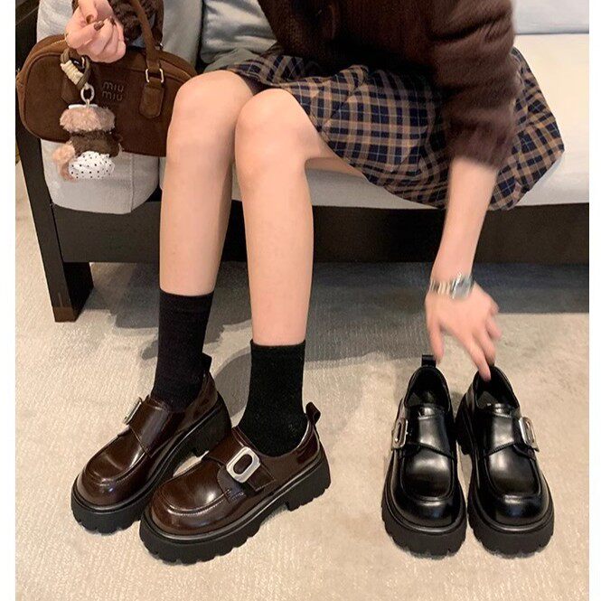 葡萄妈同款 学院风方扣懒人一脚蹬松糕粗跟厚底乐福小皮鞋女真皮