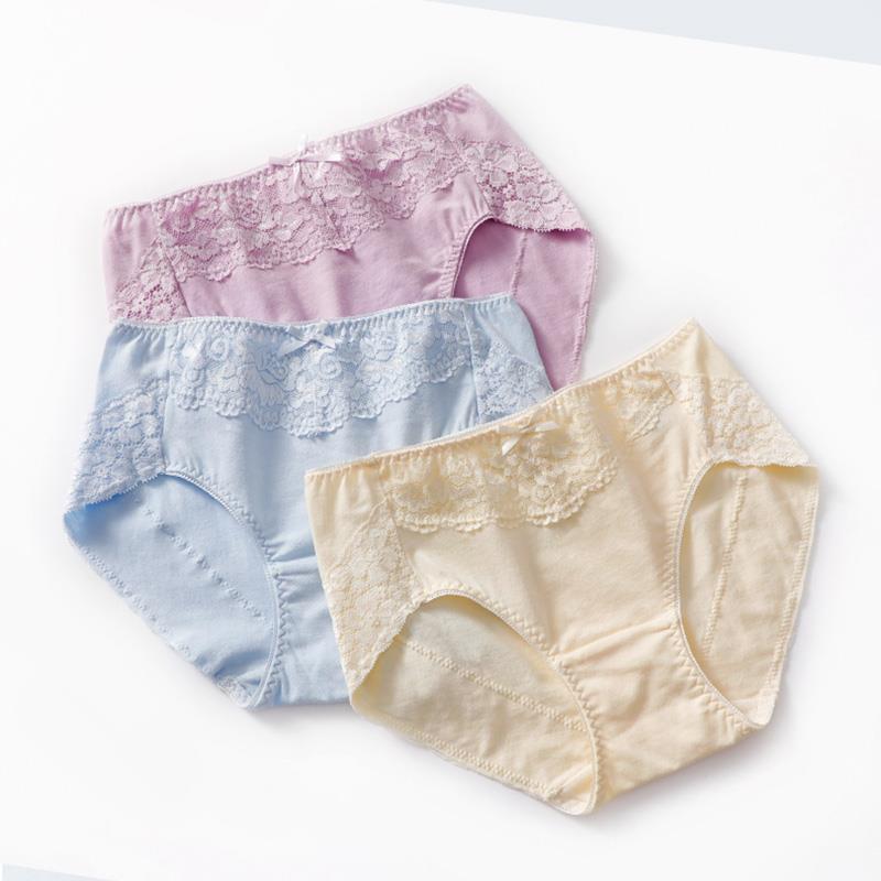 3条装女士中腰纯色棉质蕾丝边三角内裤包臀无痕舒适透气青年短裤