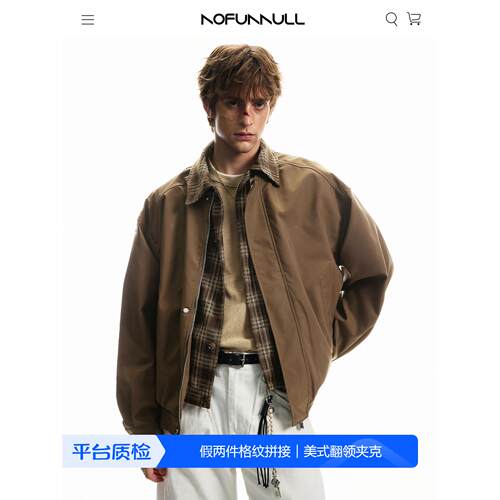 NOFUNNULL 美式复古格纹翻领拼接外套男秋季假两件情侣夹克上衣潮