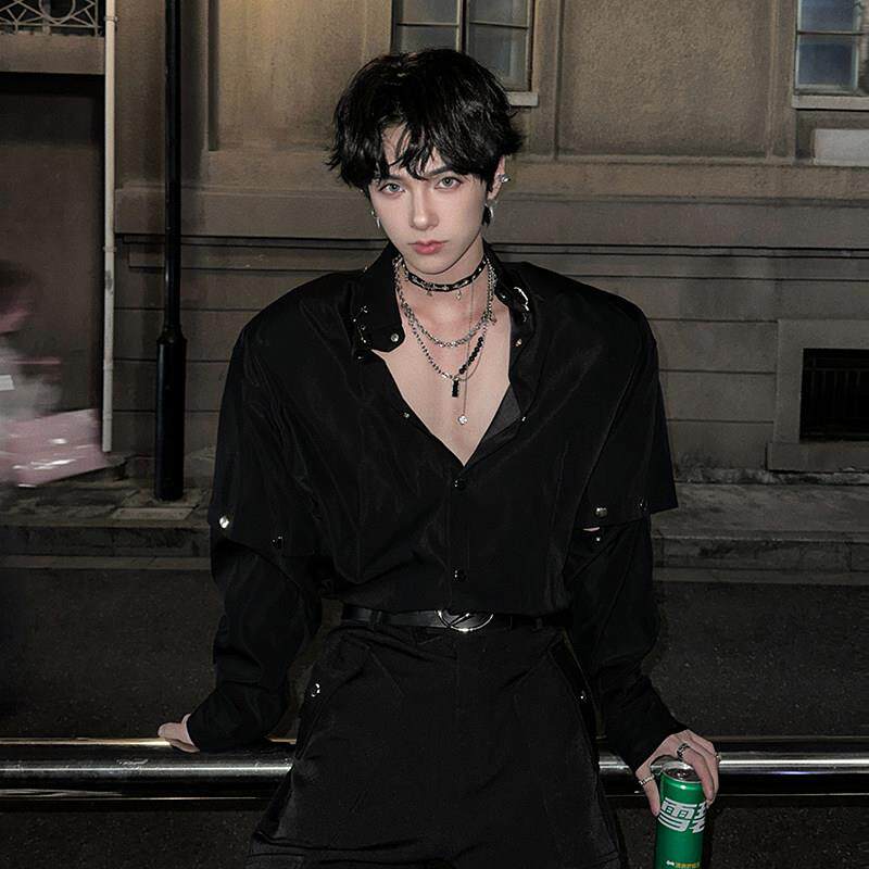 杨一帆潮牌衬衫男士长袖2026夏季新款韩版休闲 潮流拼接短袖衬衫