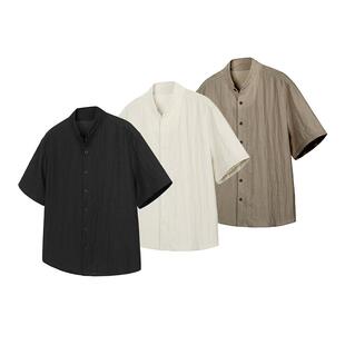 DESERTO 亚麻砂洗皱感肌理新中式立领休闲通勤短袖衬衫火烧果实扣