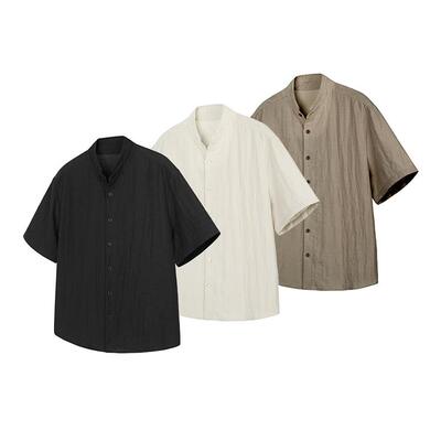 DESERTO 亚麻砂洗皱感肌理新中式立领休闲通勤短袖衬衫火烧果实扣