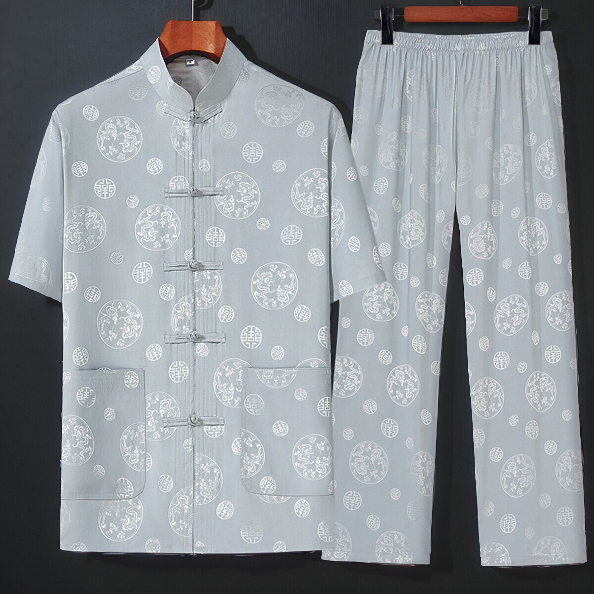 桑蚕丝唐装男士中老年爸爸装夏装短袖套装中国风真丝绸老人爷爷装