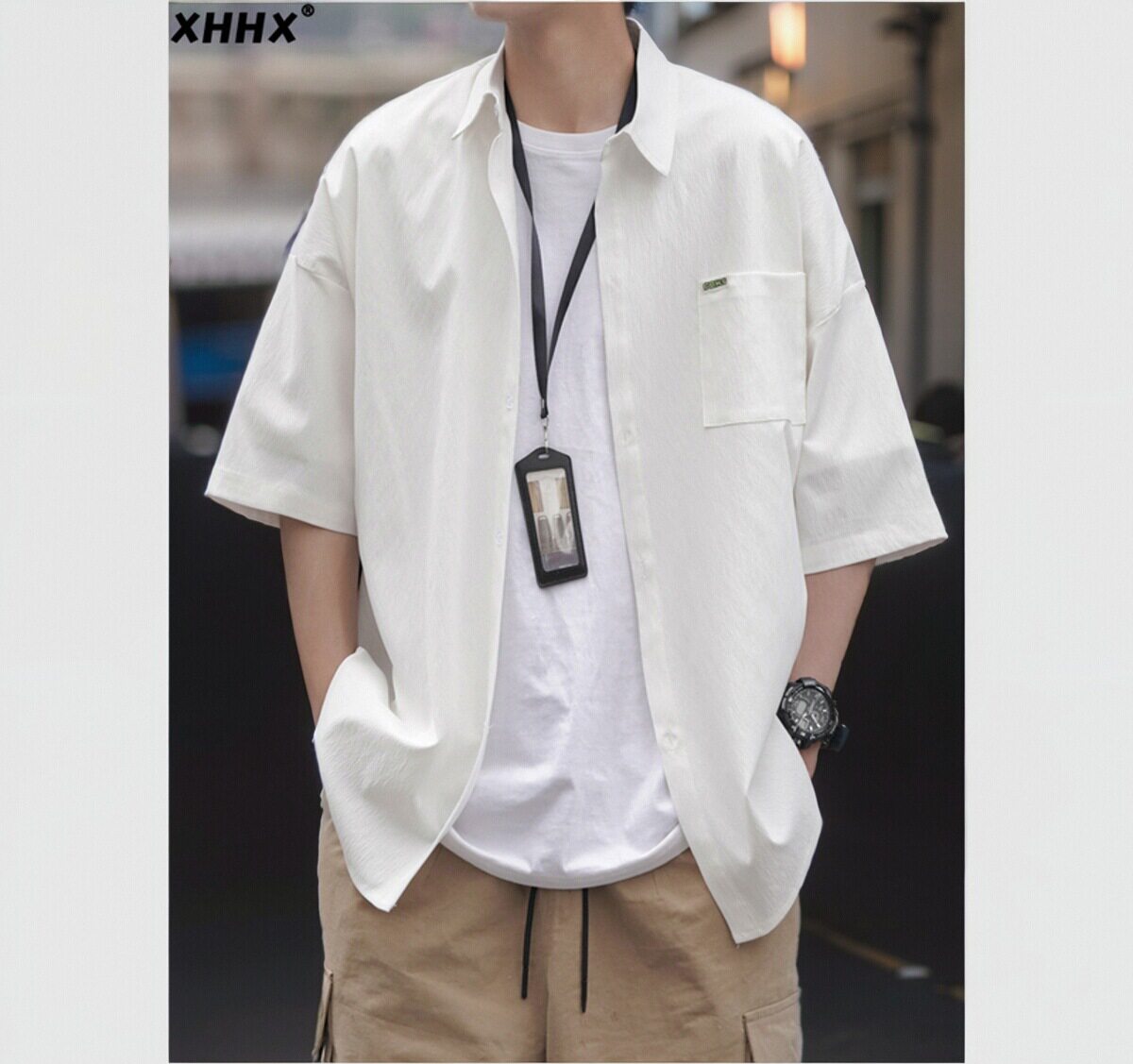 白色短袖衬衫男夏季宽松大码五分袖工装潮牌百搭半袖冰丝衬衣外套