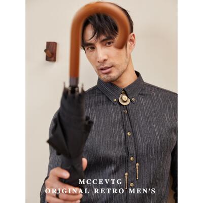 MCCEVTG 复古条纹西装衬衫男英伦商务正装免烫黑色男士长袖衬衣潮