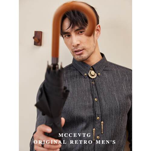 MCCEVTG 复古条纹西装衬衫男英伦商务正装免烫黑色男士长袖衬衣潮