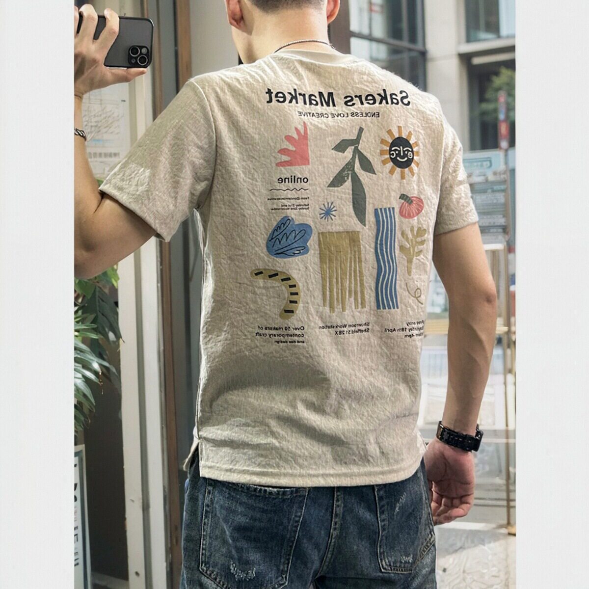 牛津麻棉短袖t恤男夏薄款青年修身上衣卡通印花男士休闲半袖体恤