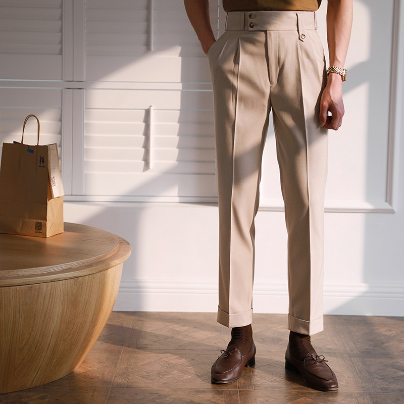 休闲高腰西裤男夏季商务直筒巴黎扣百搭长裤那不勒斯垂感免烫裤子
