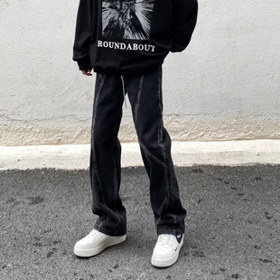 美式高街复古做旧明线剪裁分割拼接设计感牛仔裤男直筒微喇叭裤子