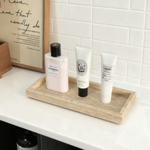 北欧风天然大理石置物盘桌面香水首饰杂物收纳盘长方形洞石托盘