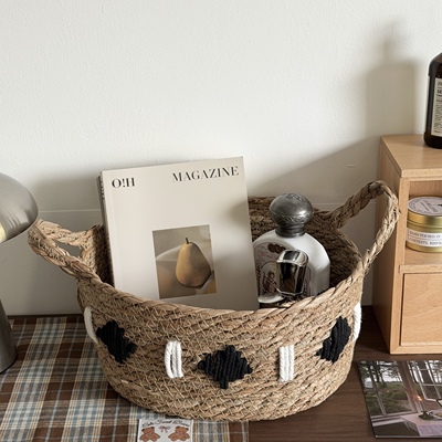 桌面收纳手提收纳筐杂物玩具收纳篮玩具家用玄关柔软带把手田园风